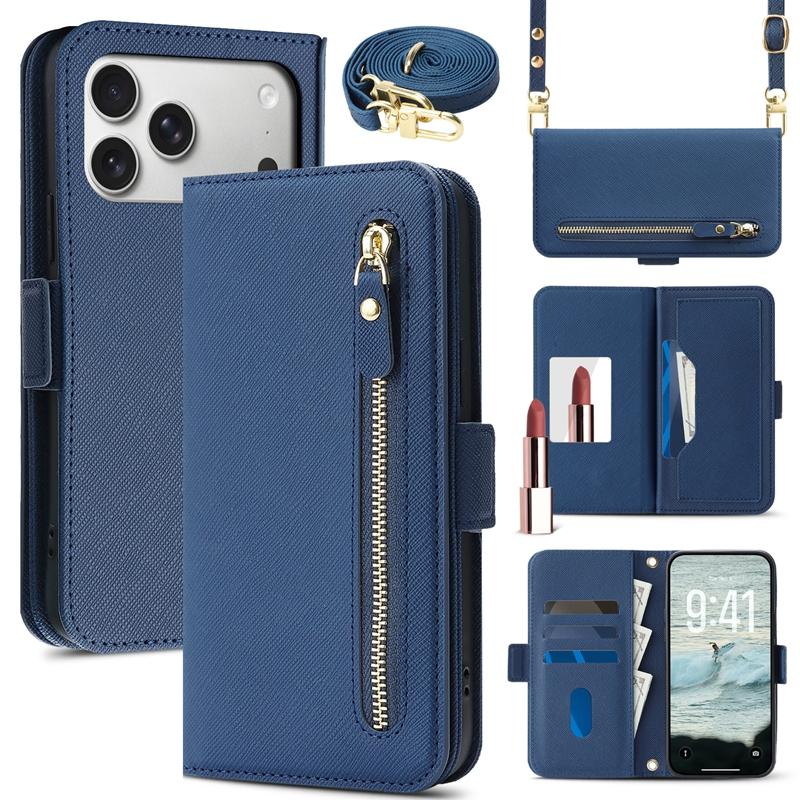 Umhängetasche Lederhülle Geldbörse Klapphandyhülle für iPhone 17 Promax/16 Pro/17 Air/15 Plus Reißverschluss Stil Kartenhalter Hülle