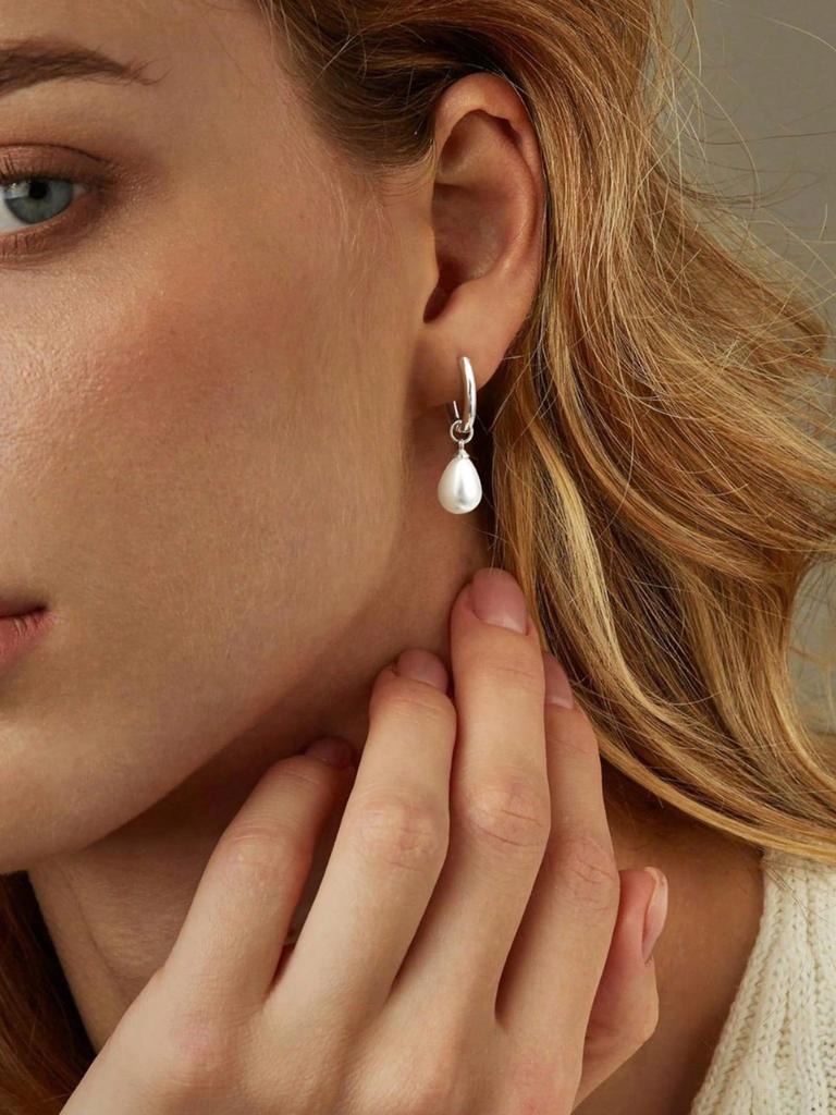 1 Pair Stainless Steel Waterproof And Non-Fading Stylish Women's Water Droplet Pearl Hoop Earrings, Suitable For Women's Daily