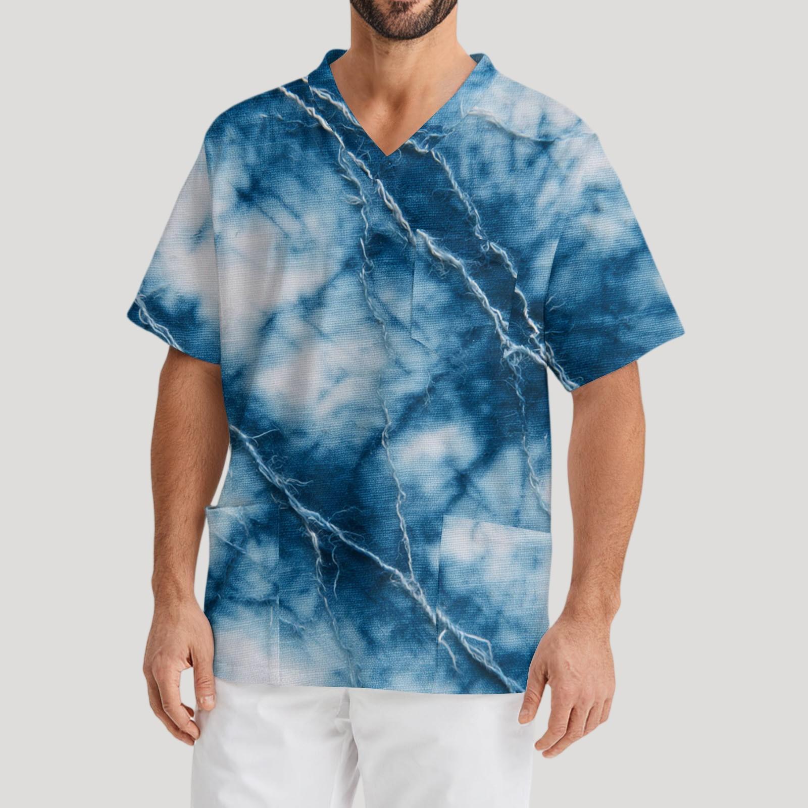 Мужская рабочая блузка с короткими рукавами и v-образным вырезом с принтом, топ с нагрудным карманом L синий