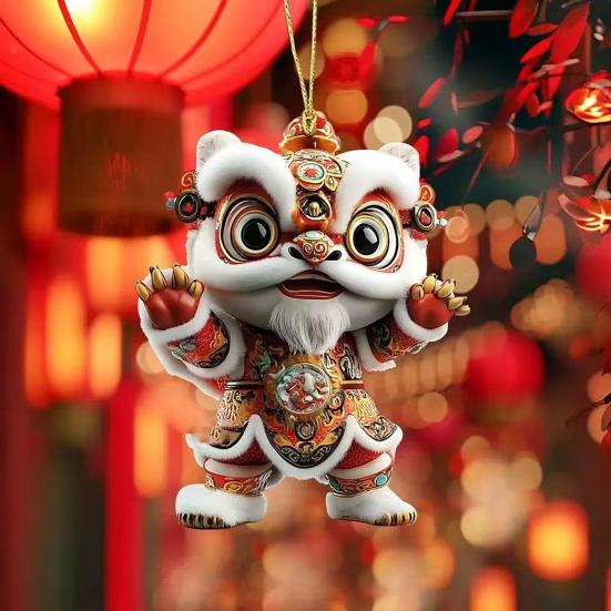 Car Pendant with Metal Chain Lion Dance Design Plush Fabric Car Charm Keychain Bag Accessory Good Fortune Decoration