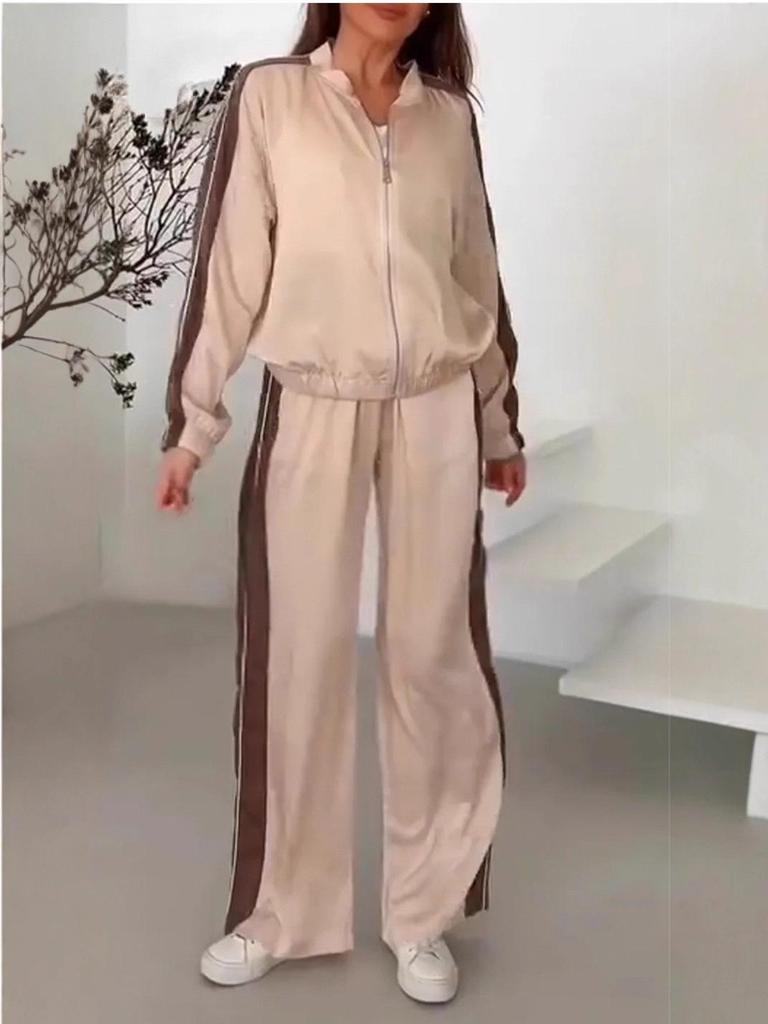 2025 Spring & Autumn Fashion Solid Color Splicing Jacket & Wide-Leg Long Pants Set