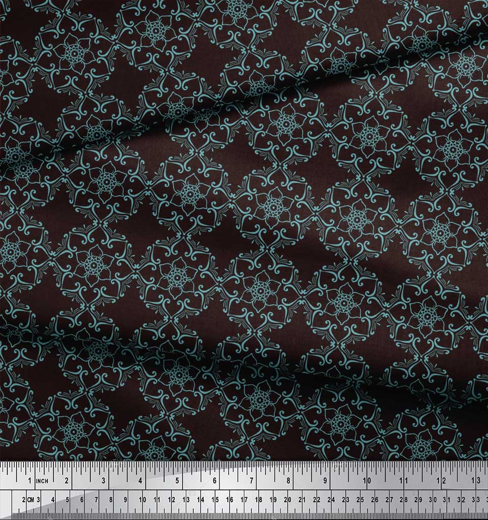 Soimoi Brown Japan Crepe Satin Fabric Artistic Flower Damask Print Fabric by the metre 42 Inch