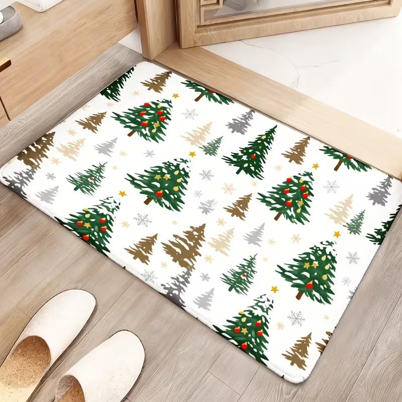 Cartoon Christmas Tree Decorative Doormat Colorful String Light Border Xmas Carpet Cute Holiday Home Decor Indoor Entrance Rug