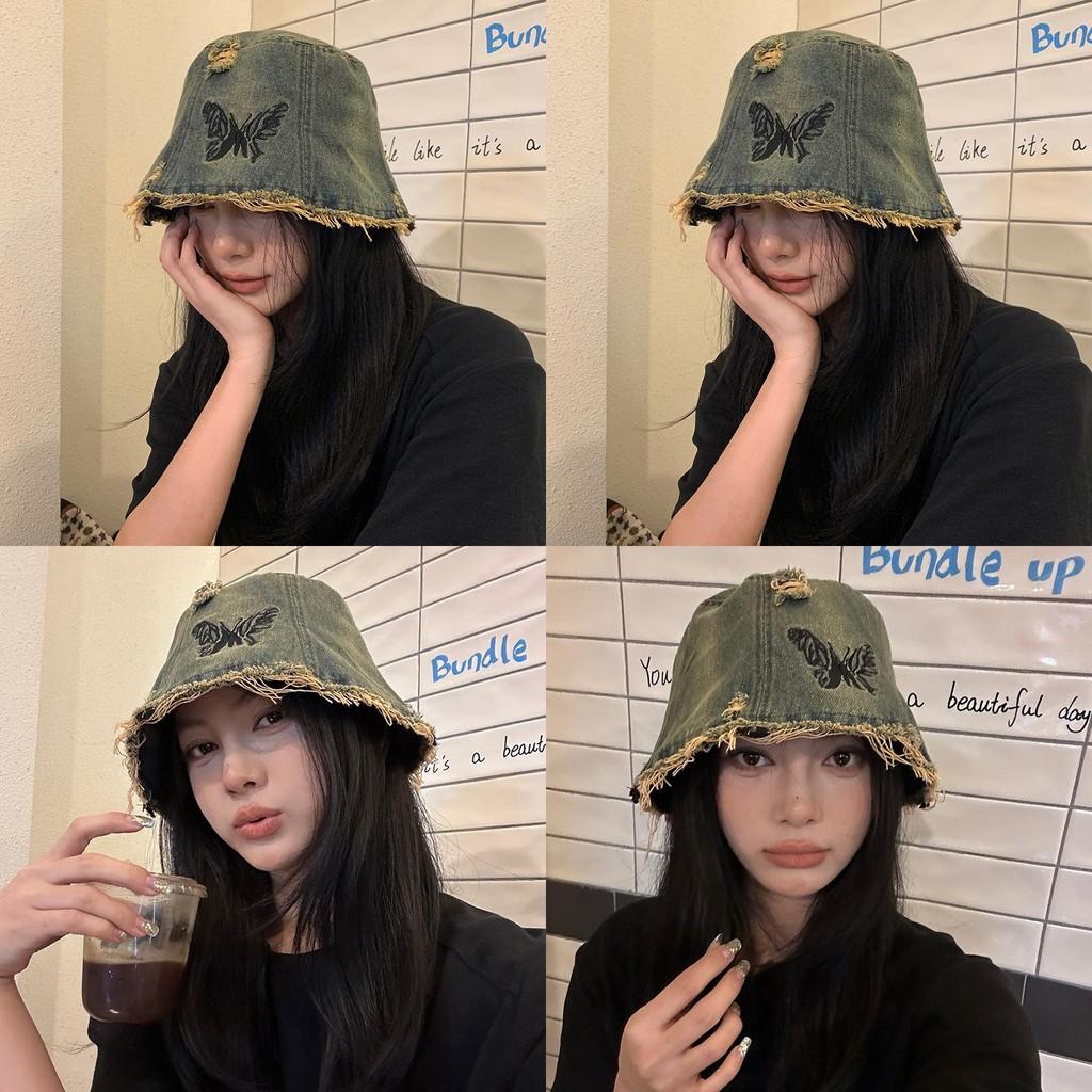 Trendy Retro Embroidery Denim Fisherman Hat For Adults With Chic Butterfly Design