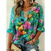 Women's elegant printed lace-up flared top, stylish and versatile, comfortable and skin-friendly