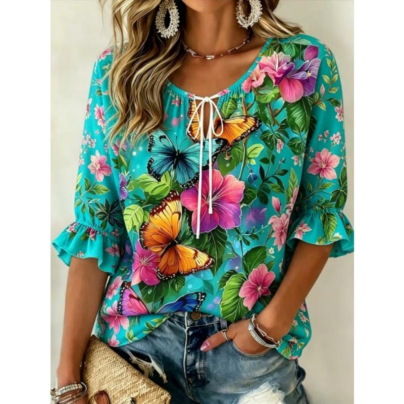 Women's elegant printed lace-up flared top, stylish and versatile, comfortable and skin-friendly
