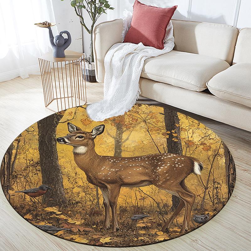 Forest Deer Round Area Rug,Carpet Rug for Living Room Bedroom Sofa Playroom Decor,Non-slip Floor Mat