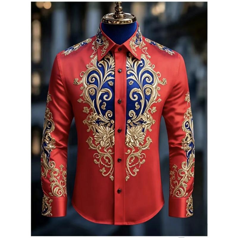 Men's Luxury Long Sleeved Shirt, Baroque Gold Floral 3D Printed Shirt, Casual and Comfortable, Men's Formal Dress Shirt