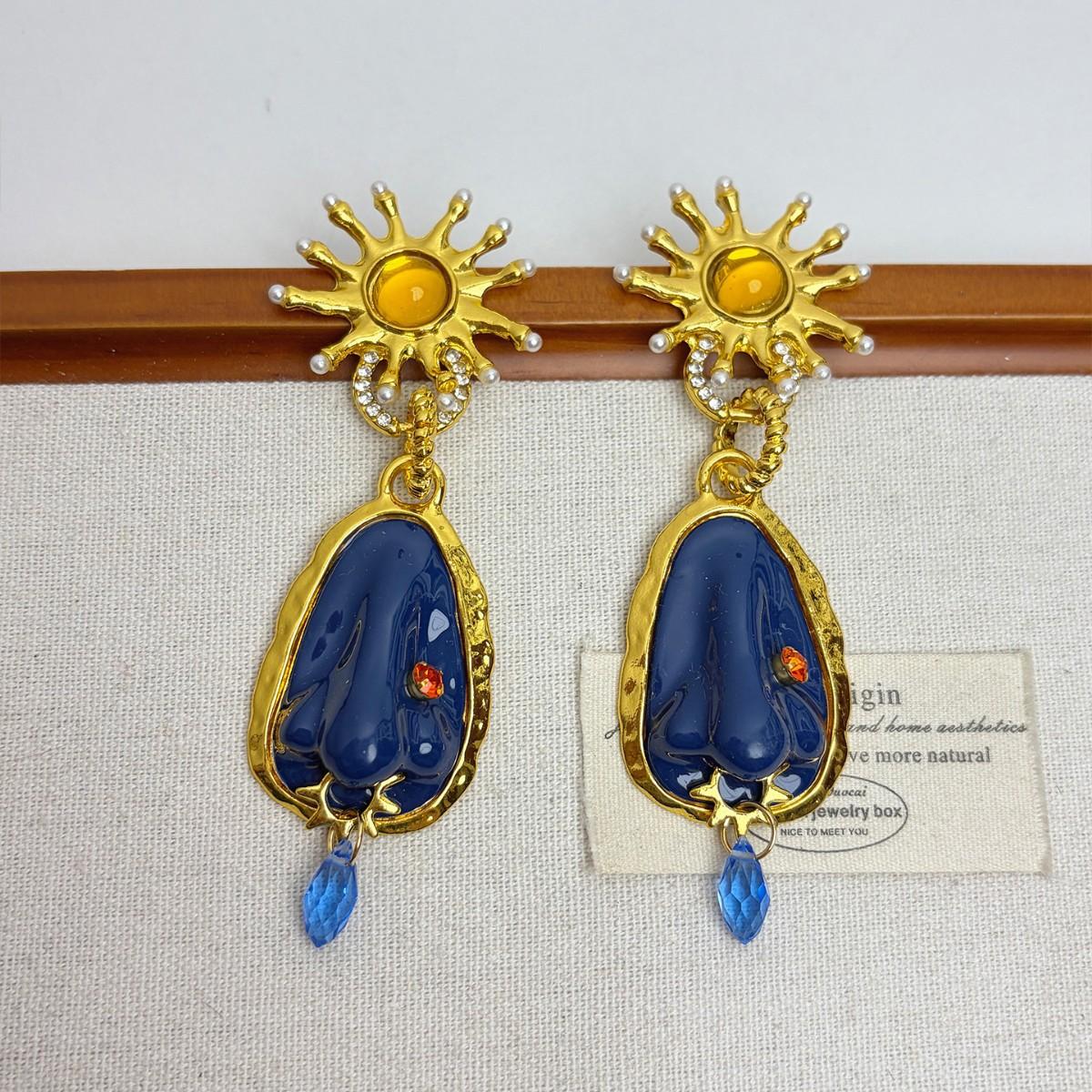 

Vintage Blue Water Dangle Earrings for Women Sunflower Nose Exaggerated Drop Earrings Fashion Banquet Party Jewelry Accessories синій