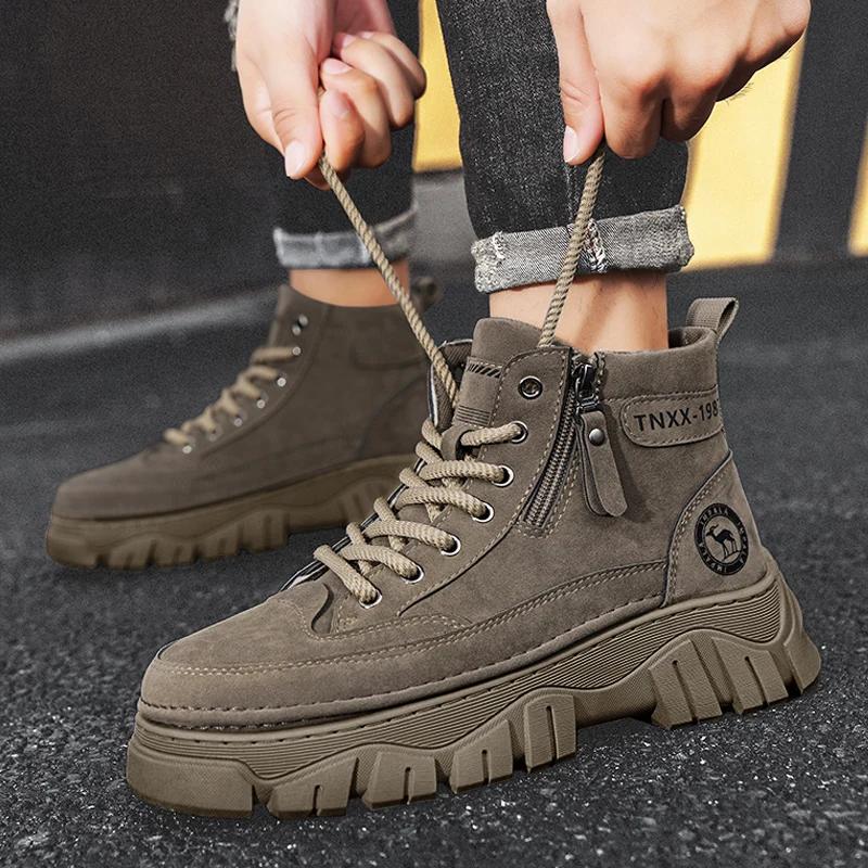 Mens Boots High Quality Leather Casual Boots Outdoor Non Slip Platform Boots Lace Up Ankle Boot High-top Sneakers Zapatos Hombre