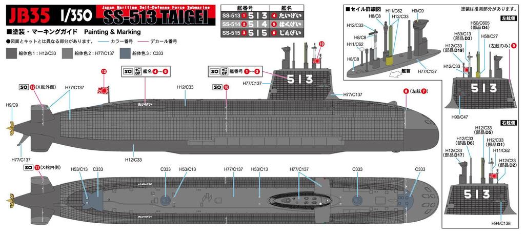 Pit-Road 1/350 JB Series Japan Maritime Self-Defense Force Submarine SS-513 Taigei with Flag, Flagpole, and Ship Name Plate Etching Parts, Plastic Mod