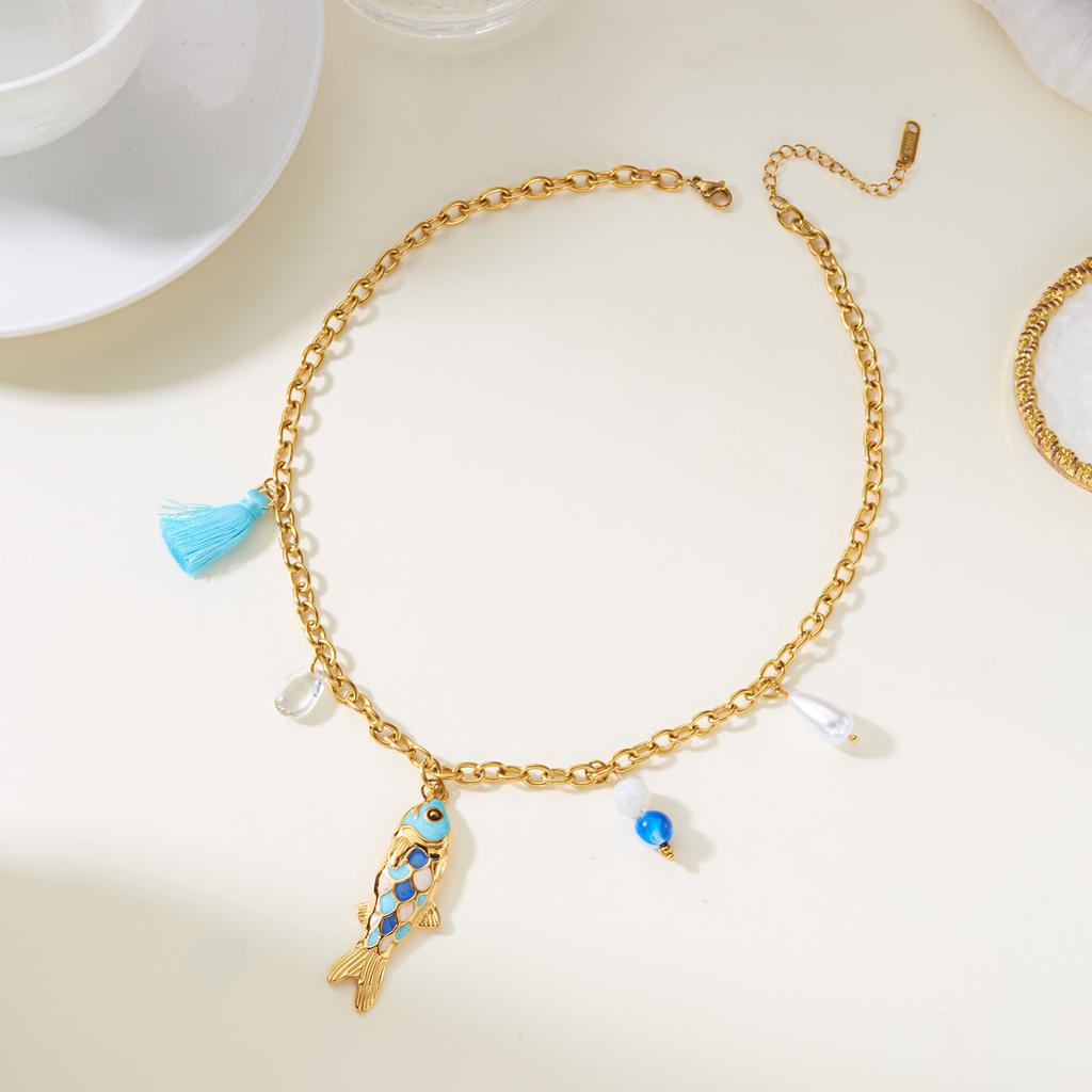 Bohemian Blue Enamel Fish Pendant Necklace for Women Stainless Steel Ocean Series Shell Tassel Necklace Summer Jewelry Accessory
