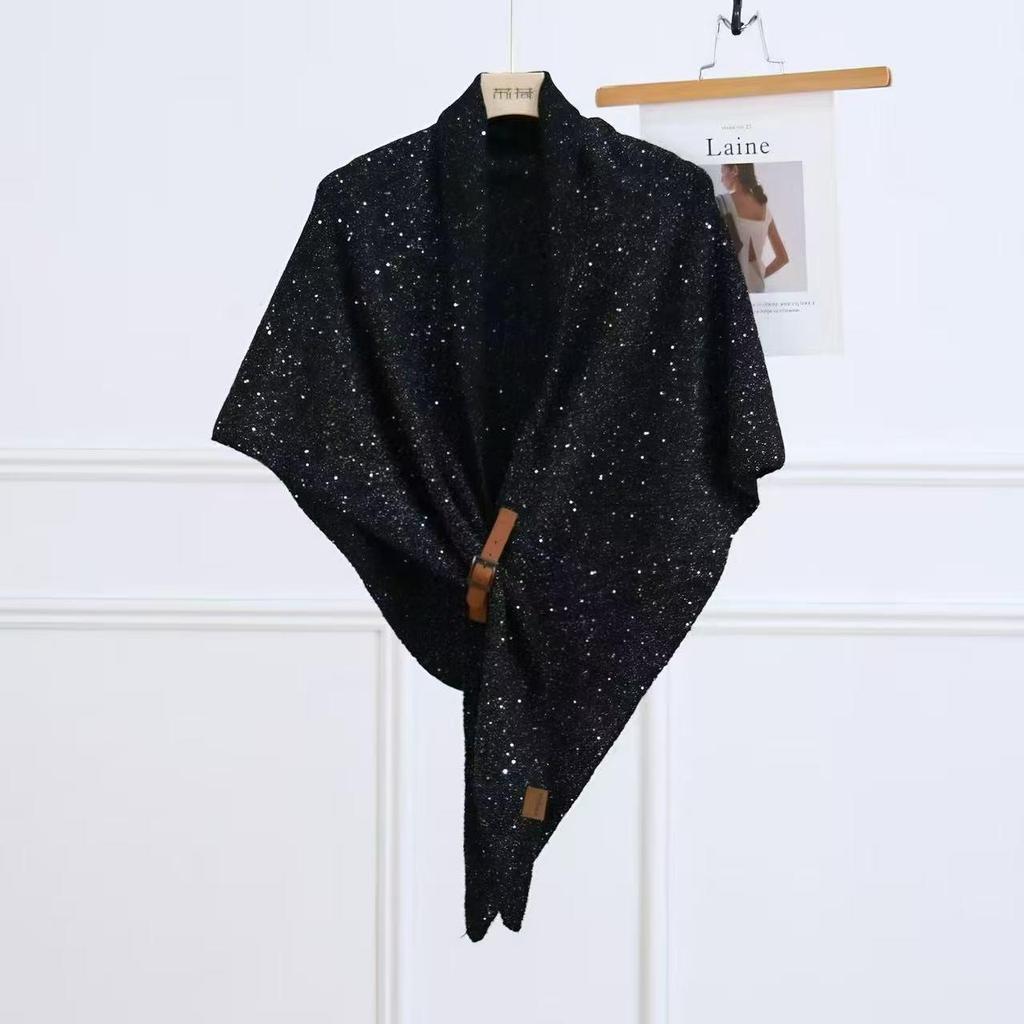 Korean Style Versatile Wool Blend Sequin Knit Shawl - Shiny Triangle Scarf for Women