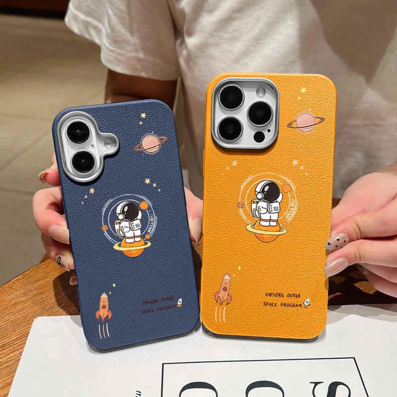 Cartoon Astronaut Leather Texture Soft Case For iPhone 16 15 14 Pro Max 15 Plus 13 12 Pro Max 11 Shockproof Silicone Phone Cover