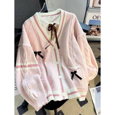 Sladká mašle Pletené vesty Y2k Estetické Všechny kontrastní barvy Kabáty Móda Single Breasted Ženy Kawaii JK Svetry Svetry