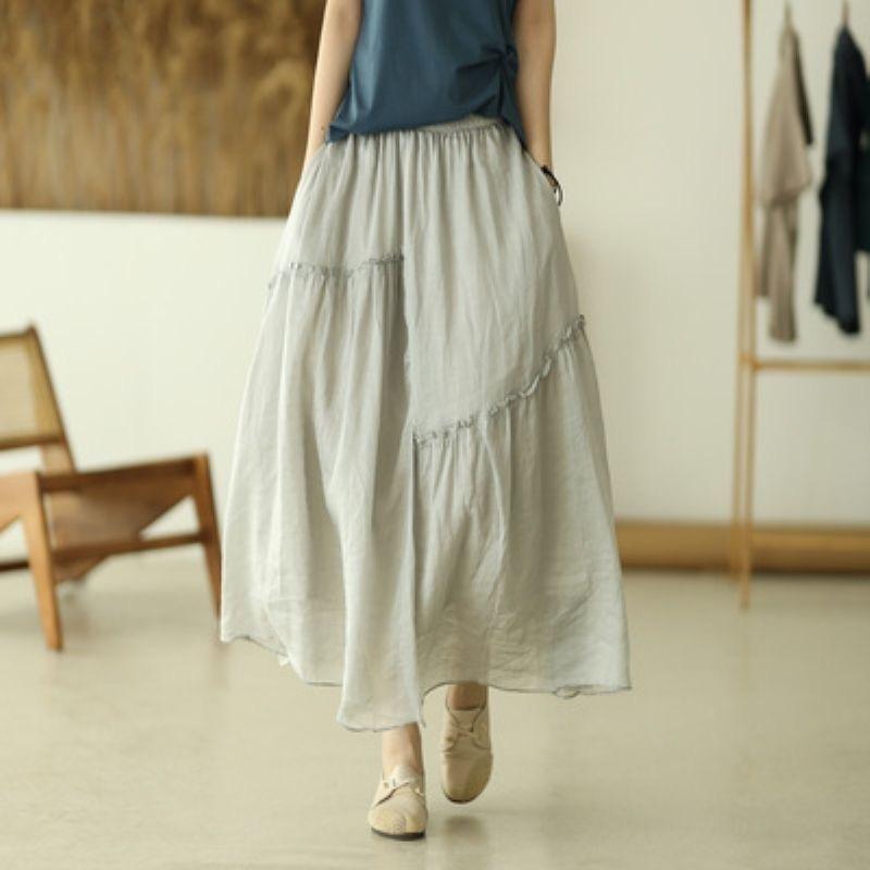 Official Tuxia New Double-layer Cotton and Linen Skirt Literary and Thin Fairy Skirt Solid Color Irregular A-shaped Skirt