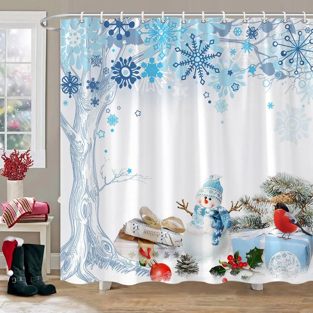 Christmas Gift Theme Shower Curtains Snowman Christmas Tree Mascot Ball Happy New Year Washable Home Bath Curtain Bathroom Dec