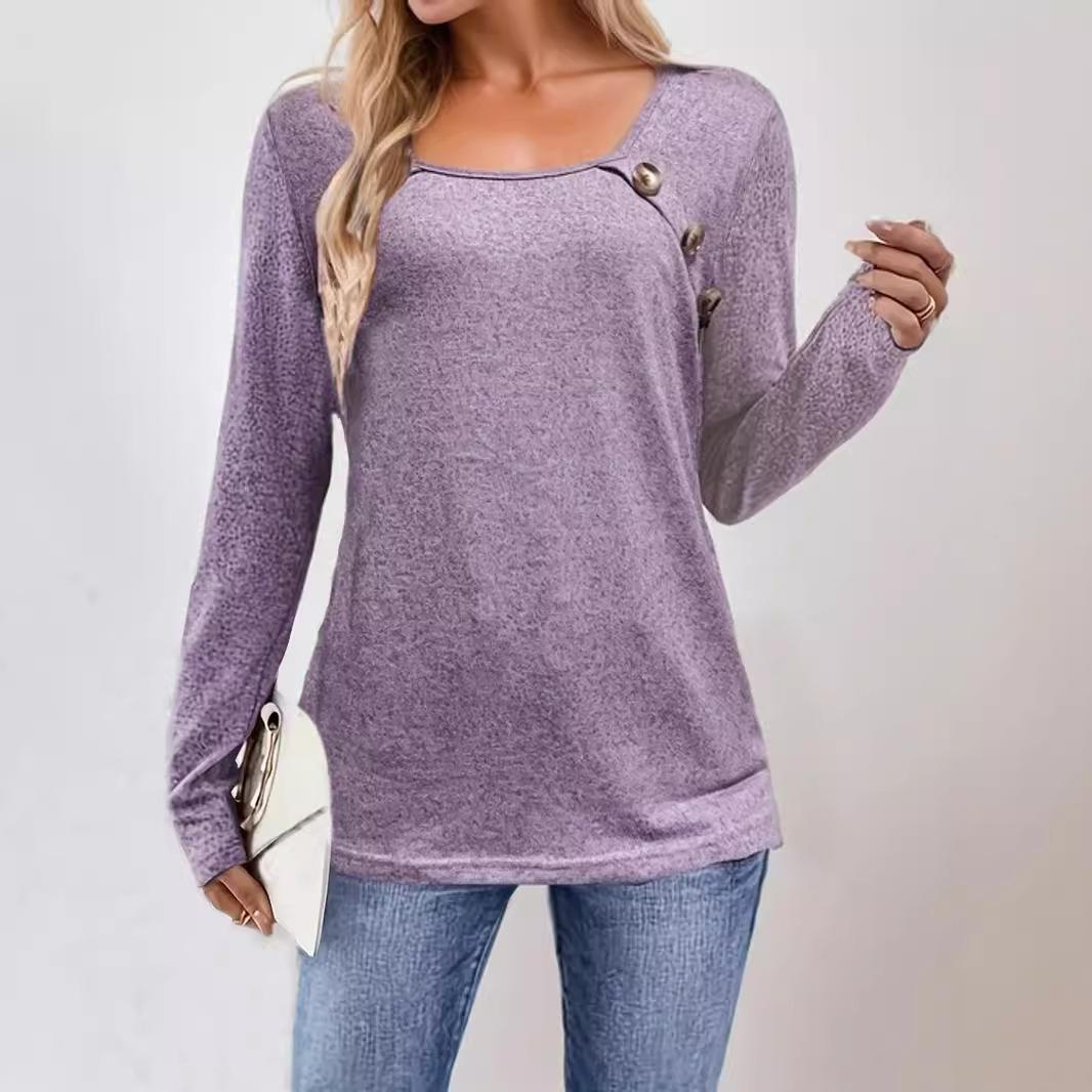 Women s Long-sleeved Square Collar Button Loose Light Purple T-shirt Clothes Sale S