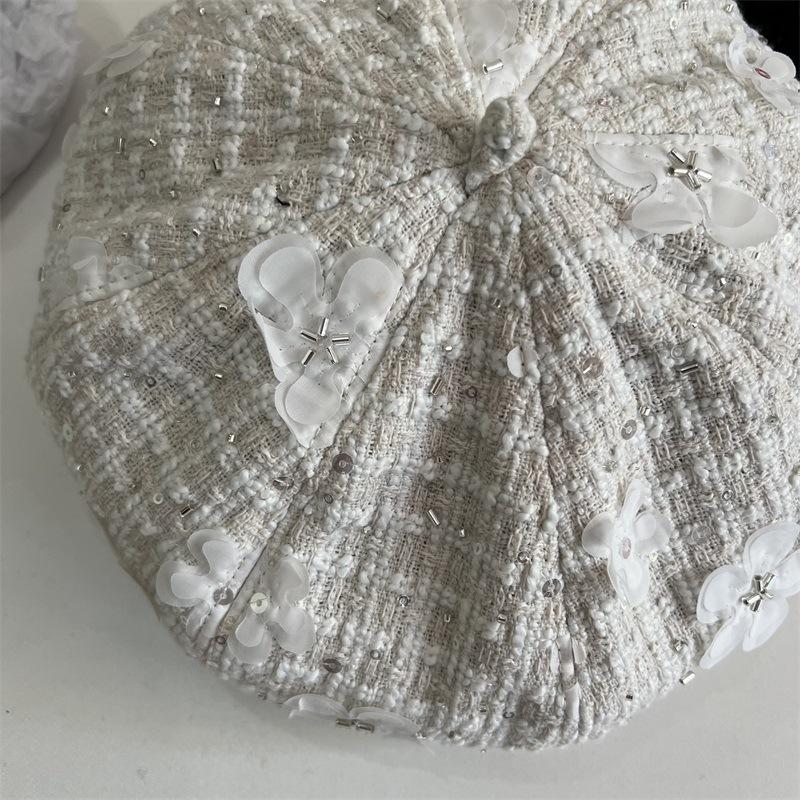 

Autumn and winter new sequins niche star beret children elegant octagonal hat versatile painter bud M（56-58cm） білий