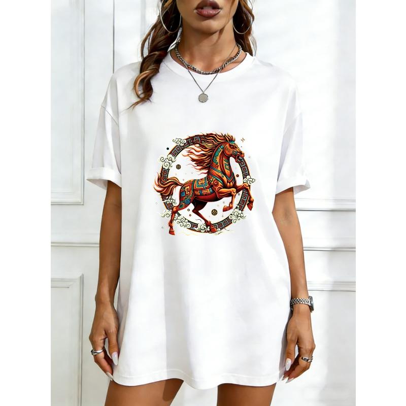 

Oversized T Shirt Black Horse Pattern With Traditional Design For Casual Wear XXXXL білий