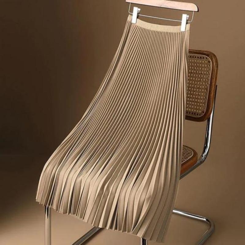 Women Vintage Midi Skirt Wide Elastic Waistband High Waist Pleated A-Line Skirt Solid Color Smooth Satin Long Skirt