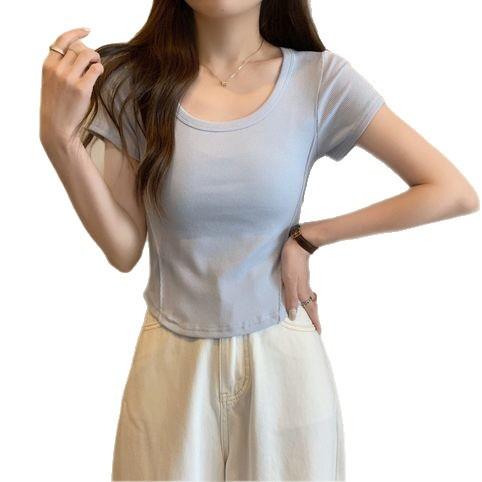 Design sense, line decoration, scheming U-neck short-sleeved T-shirt, women's summer new slim-fitting and thin bottoming shirt