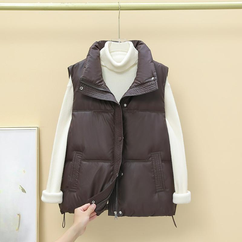 Down Cotton PU Disposable Vest Women's 2024 Autumn and Winter Fashion Stand-up Collar Warm Loose Cotton Waistcoat Outer Wear Vest