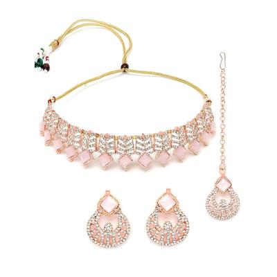 Seaside Rose Gold Plated Pink AD Stones & Beads Choker Necklace Set With Earring And Maangtika  Jewellery Set For Women