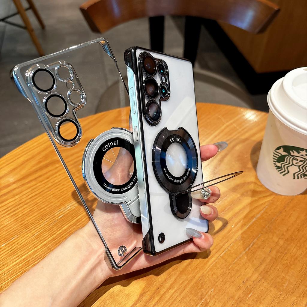 PC Frameless Magnetic Plating Stand Holder Clear Phone Case For Samsung Galaxy S25 Ultra S24 Plus S23 S22 Acrylic Back Cover