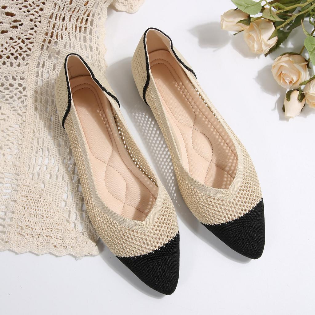 Foreign Trade New Large Size Fly-woven Hollow Flat-bottomed Four-season Single Shoes Women's Pointed Breathable Mesh Shallow Mouth Work Shoes