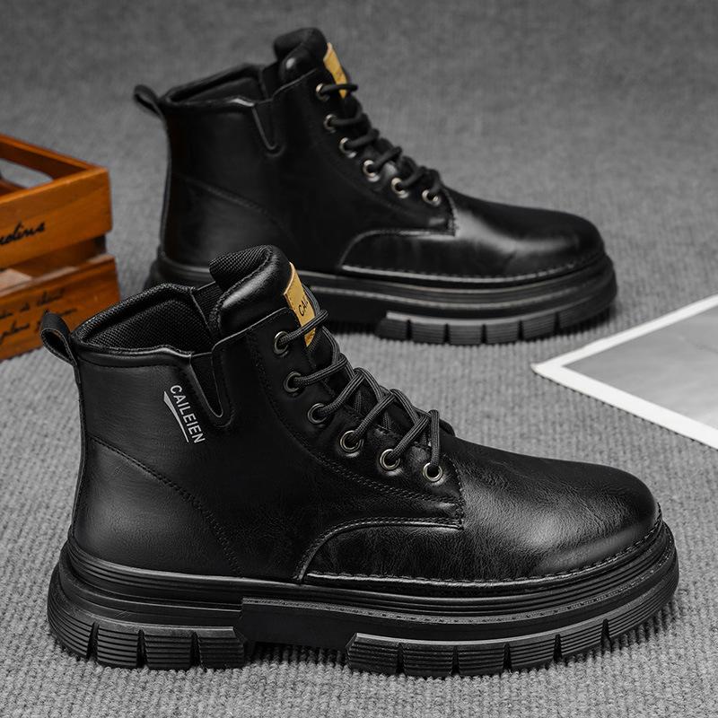 Men Vintage Work Shoes Autumn Winter New Non Slip Comfortable Platform Leather Shoes Fashion Lace Up Height Increase Short Boots