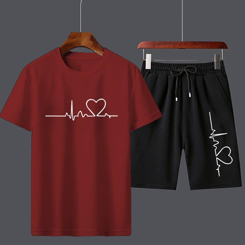 Trening de vară pentru bărbați Tricouri din bumbac + Costum cu pantaloni scurți în cinci puncte Seturi de jogging sport cool de vară Îmbrăcăminte sport imprimată la modă masculină