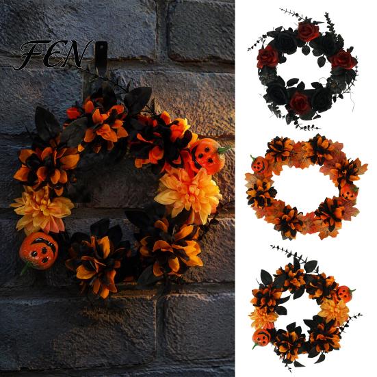 Vintage Dark Aesthetic Party Supplies Halloween Wreath for Front Door, Artificial Fall Maple Leaf Rose Pumpkin Spooky Elegant Holiday Decor