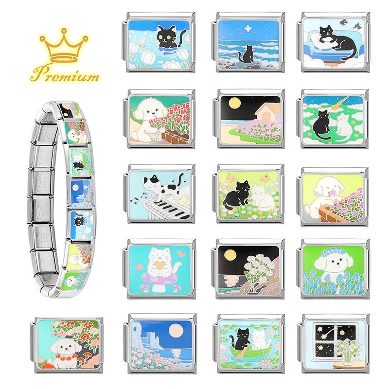 2026 Fashion Dreamy Flowers Cute Cats Dogs Moon Heart High Quality Charm Fit 9mm Stainless Steel Women Bracelet DIY Jewelry Gift