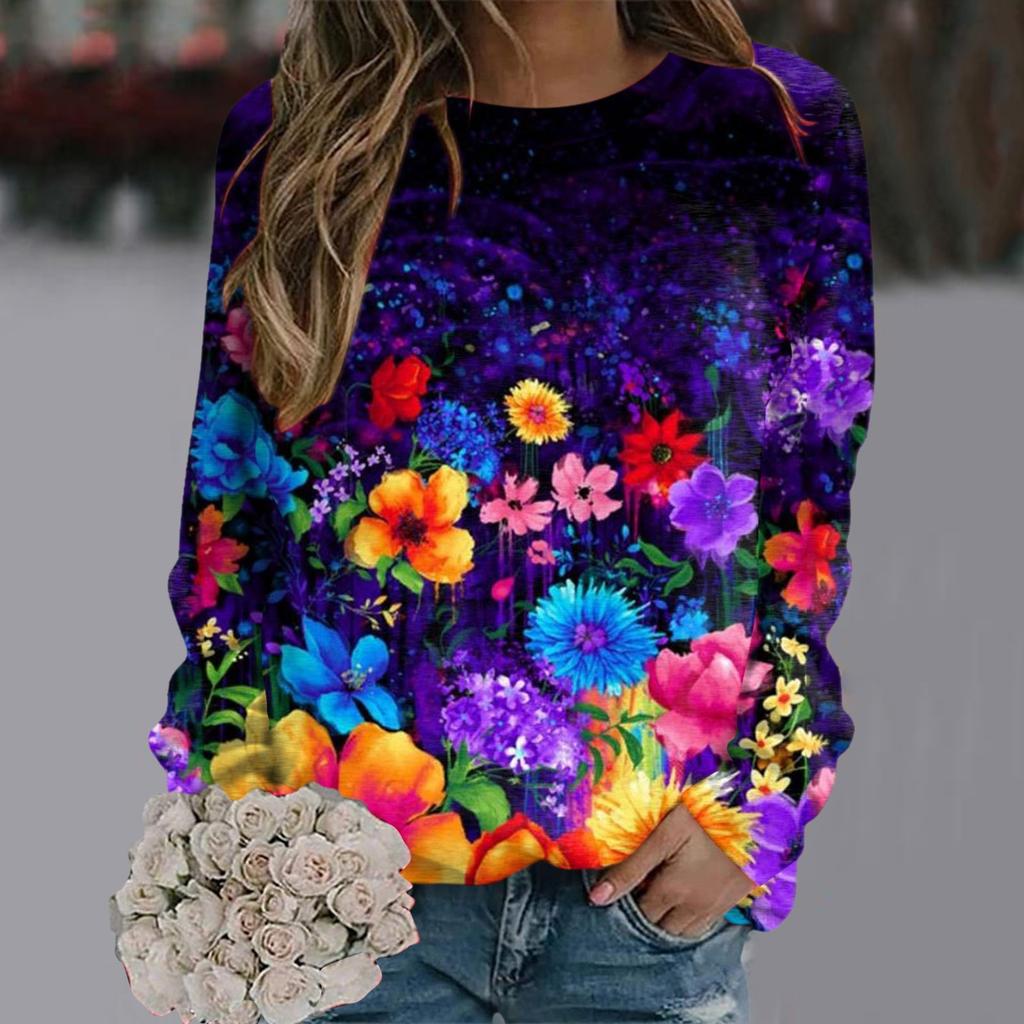 Fashionable Retro 3D Floral Print Women's Casual Round Neck Long Sleeved T-shirt