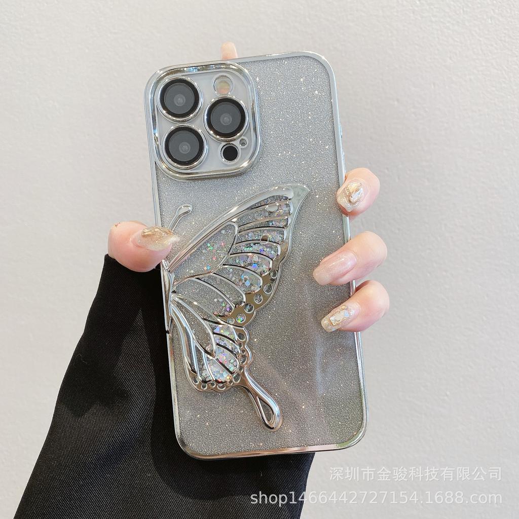 3D Flowing Sand Butterfly Apple 15 Phone Case 14 Pro with Lens Protector Compatible with iPhone 16 Electroplated TPU Soft Case
