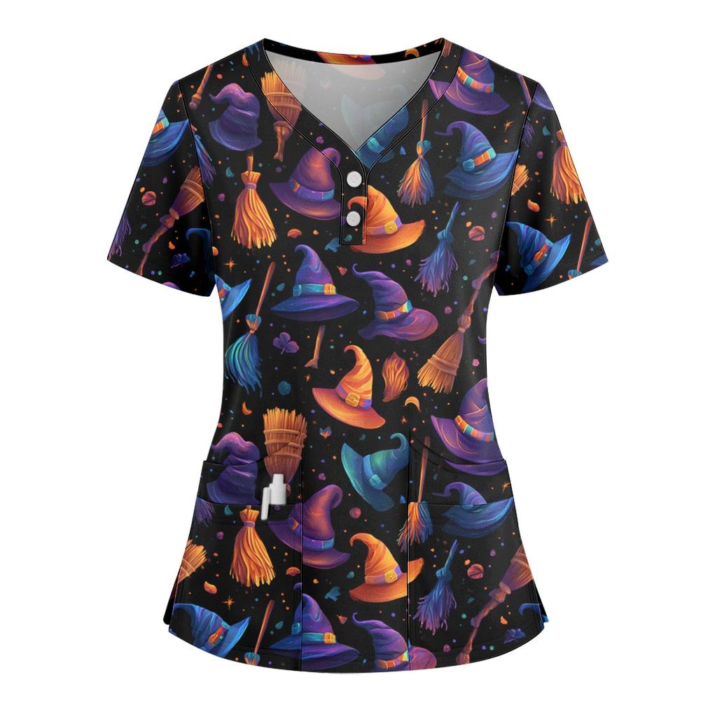 Women's Loose Short Sleeved Fashionable Halloween Print V-neck Buttonable Side Slit Top T-shirt