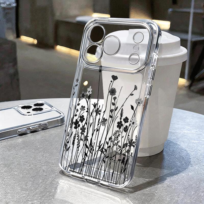 Shockproof Clear TPU Case For iPhone 17 16 Pro 15 14 13 12 Pro Max 11 Transparent Soft Silicone Black Floral Printed Phone Cover