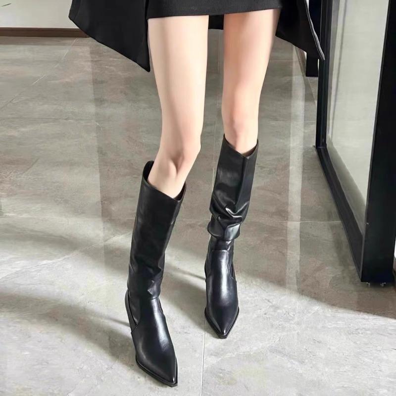Over-the-knee Boots Women Fashion Pointed Toe Black Side Zipper Thin High Heels Female Shiny Pleated High Heel Botas 2025