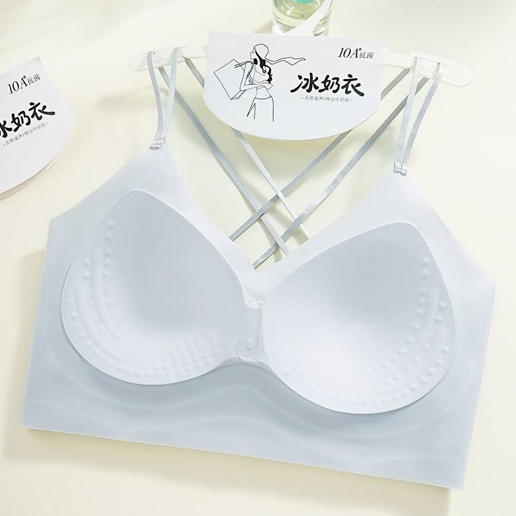 Double shoulder straps, cross back bra, seamless fixing cup, gather and pull side to close and prevent sagging.