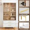 Glass Display Case LED Lighting, Two-Part White, Adjustable Shelves, 2 Drawers, Modern Bookcase Standing Display Case Office Cabinet