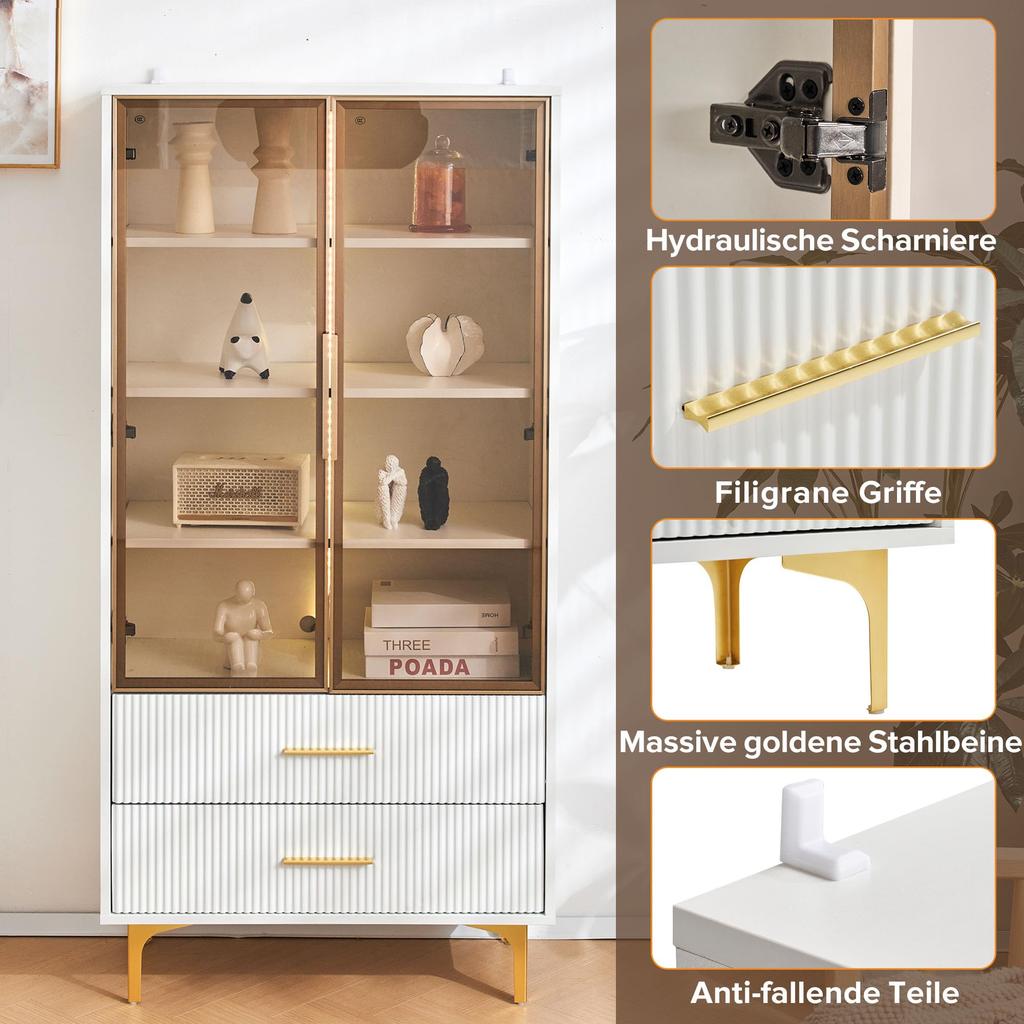 Glass Display Case LED Lighting, Two-Part White, Adjustable Shelves, 2 Drawers, Modern Bookcase Standing Display Case Office Cabinet