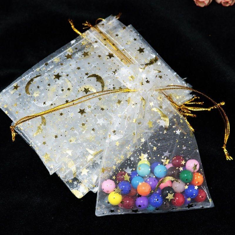 50pcs/Lot 7x9 9x12 10x15 13x18cm Printing Star Moon Christmas Organza Sack Drawstring Charm Packaging Bags Daily Jewelry