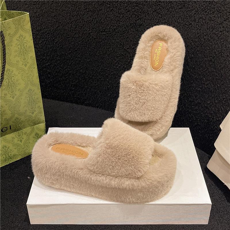 Internet Celebrity One-word Fluffy Slippers Women 2025 Autumn and Winter New Popular Versatile Thick Bottom Heightening Plush Cotton Drag Outside Wear