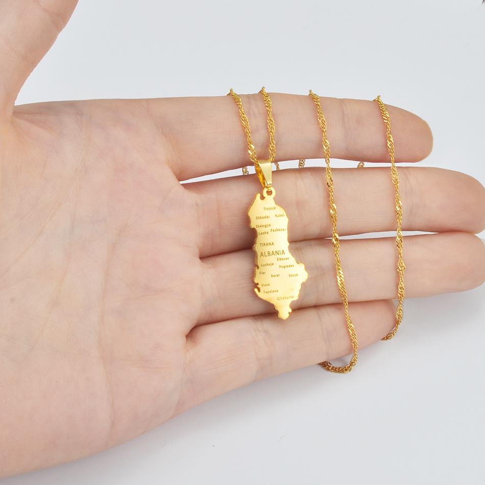 Anniyo Albania Map With Cities Pendant Necklaces Gold Color/Silver Color Albanian Jewelry #214221