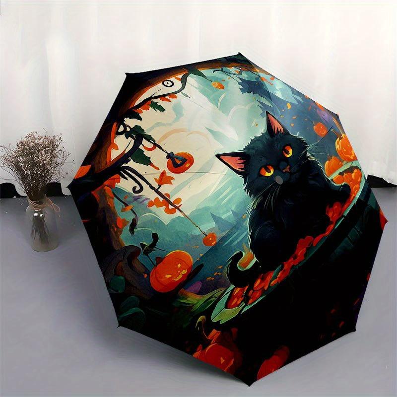 Halloween Schwarze Katze mit Kürbissen Dekorative PlatteRegenschirm mit Süßem Design, Tragbarer 3-Fach Kompakter Regenschirm für Damen & Herren, Valentinstag Muttertag