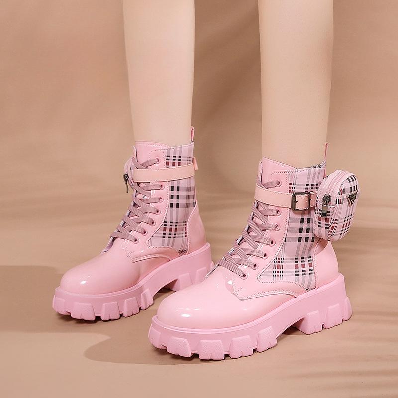 Herbstmode Stiefeletten Dicke Sohle Runde Spitze Schnalle Kleine Ledertasche Kurze Stiefel Bequeme Damen Zapatos Mujer