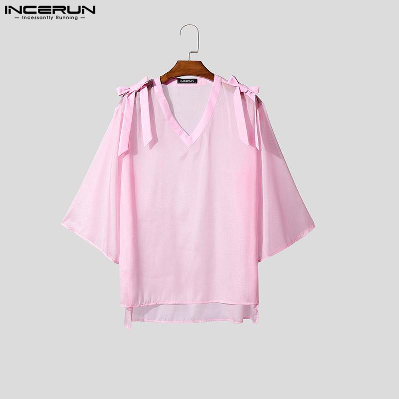 INCERUN Men 3/4 Flare Sleeve Mesh See Through Loose Party Club Shirts Tops