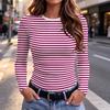 Women's Slim Fit Striped Long Sleeve Round Neck T-Shirt, Casual Top