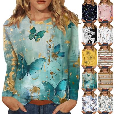 Moda feminina casual floral estampado gola redonda manga comprida pulôver top